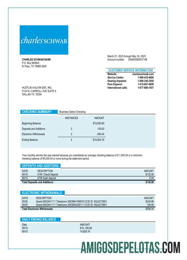 Imprimível Charles Schwab Business Bank Statement Word And PDF model